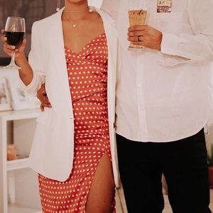 Boohoo Orange Satin Polka Dot Dress with Leg Slit